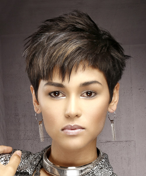 Layered Dark Brunette Pixie Haircut With Asymmetrical Bangs And Golden Brown Highlights